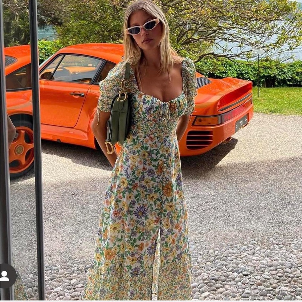 For Love And Lemons Green and Cream Ruffled Tiered Maxi Dress